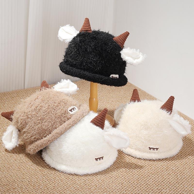 Sweet and Cute Plush Lamb Ears Knitted Bucket Hat Winter Outdoor Cold and Warm Ear Protection Pullover Hat Children