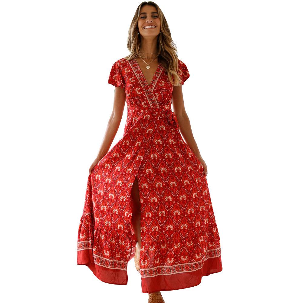 

Women s Summer Boho Floral Print Maxi Dress, V Neck Ruffle Short Sleeve Wrap Tie Waist High Slit Sexy Beach Vacation Casual Long Dress S кларет
