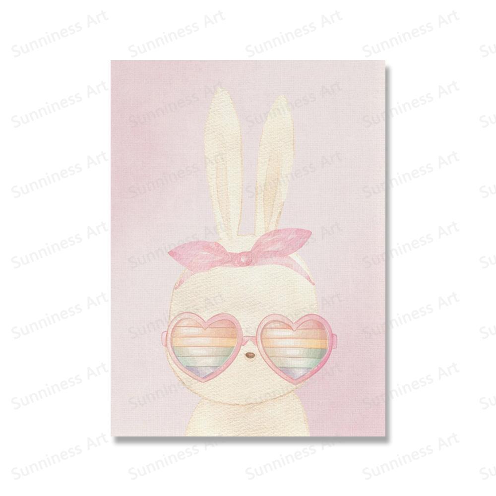 Boho Rainbow Bunny Wall Art Canvas Painting Nordic Poster Art Prints Cactus Rabbits Pictures for Girls Room Childrens Room Decor