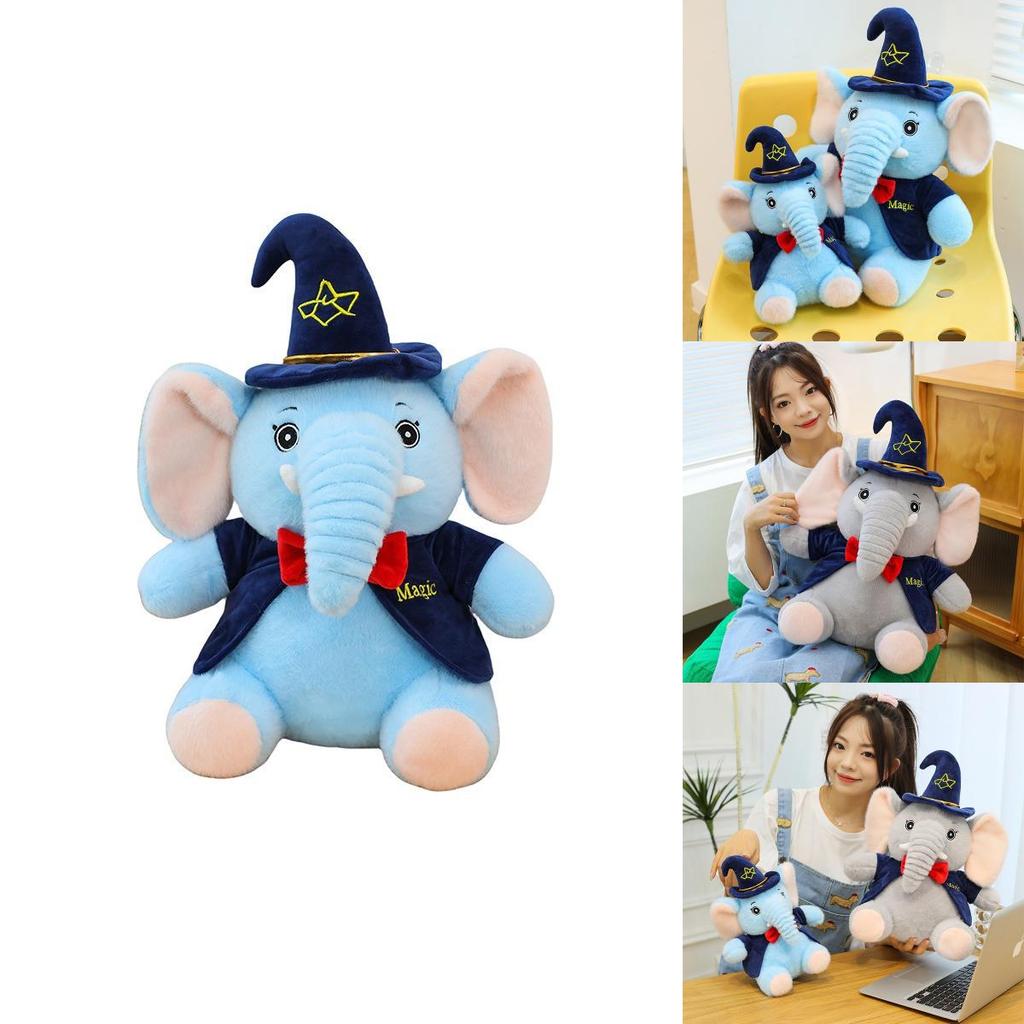 Plush Elephant Toy For Kids Soft Cartoon Sleeper Pillow With Wizard Hat And Bow Decor