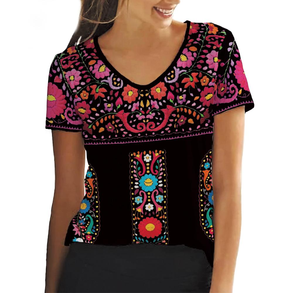 

Топ женский с коротким рукавом и V-образным вырезом в стиле хиппи-бохо, футболка с 3D-принтом красочных цветов, цветочная рубашка, базовая футболка, одежда 8XL