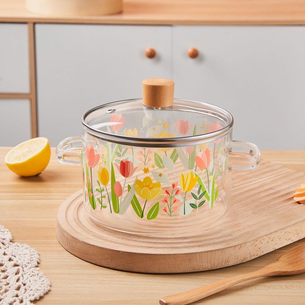 1.6L High Borosilicate Glass Pot, Clear Vertical Striped Cooking Pot, Double Handle Stovetop Pot for Soup Noodle Stew, Microwave & Cooker Safe