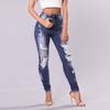 Women Button High Waist Pocket Elastic Hole Jeans Trousers Slim Denim Pants