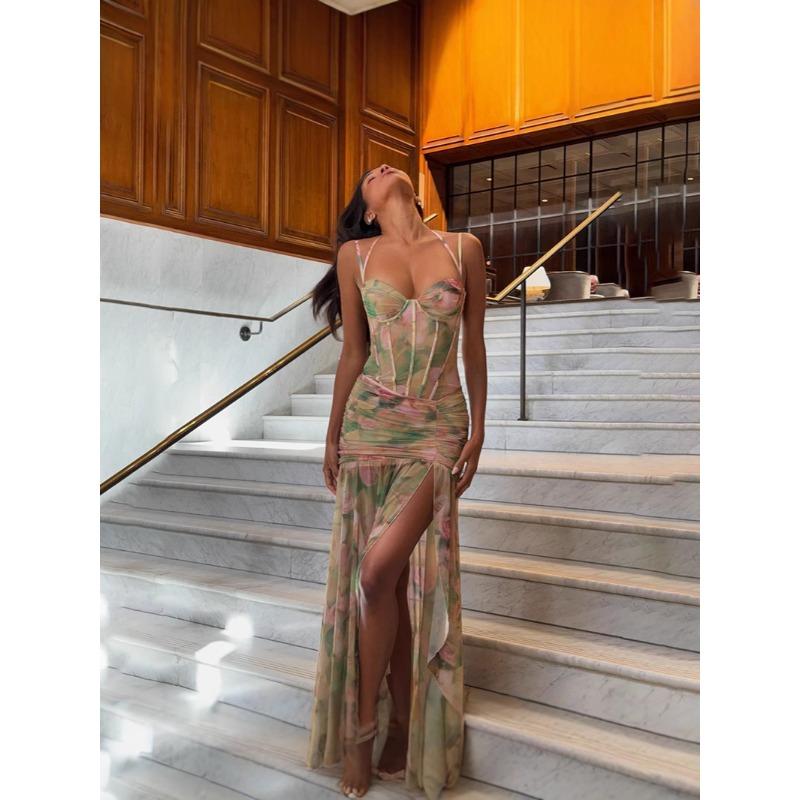 Damen Frühling Neu Sexy Träger Print Resort Strand Hohe Taille Skinny Schlitz Kleid Damen