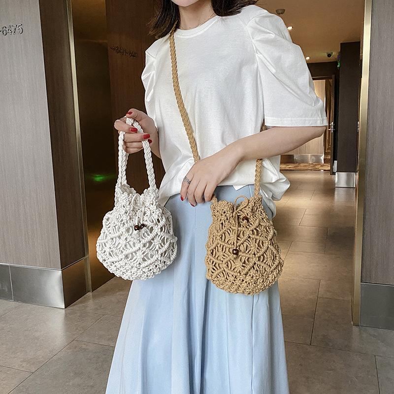 Yogodlns Cotton Rope Bucket Shoulder Bag For Women Handamade Woven Summer Beach Drawstring Crossbody Bag