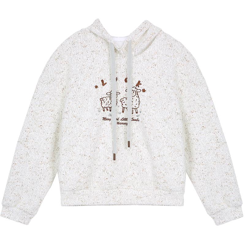 Betu Women s Plush Sheep Embroidered Hooded Sweatshirt L