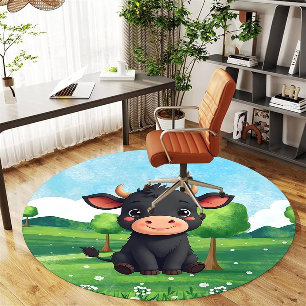 1pc Cow-Pastoral Scene Round Chair mat Area Rug - Non-Slip, Floor Mat for Office, Bedroom, home decor Christmas Gift p0811425