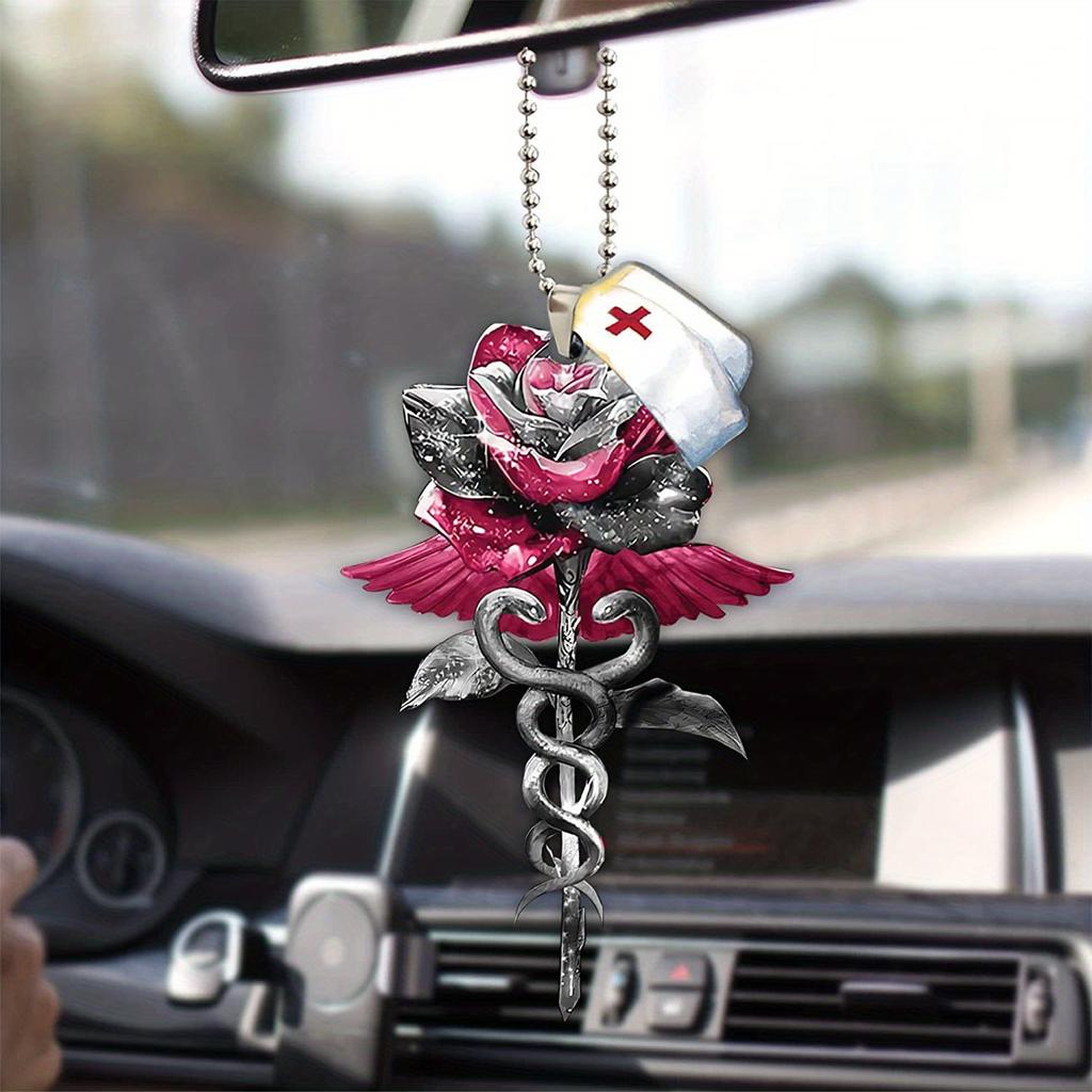 Rose Nurse Hat Car Rearview Mirror Pendant, Christmas Holiday Pendant Decoration Gift, Door Tag Pendant Car Accessories