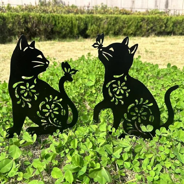 1/2Pcs Metal Cat Garden Decors Black Cat Silhouettes Outdoor Cat Stakes
