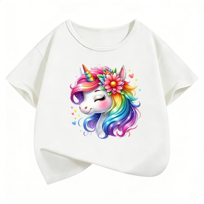Fashion Horse with Rainbow Design TShirt Printed T Shirt Girls Summer Clothes Short Sleeve Tops TShirts Cute Girls Clothing