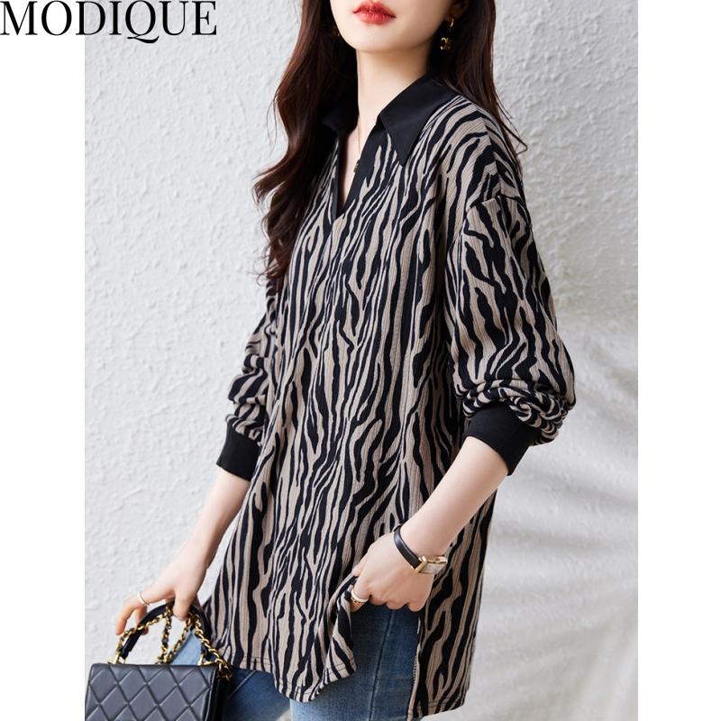 MODIQUE Frühling Sommer Übergröße Neue Damen Lose Vintage Zebrastreifen Bluse Shirts Weibliche Chiffon Casual Übergröße Langarm V-Ausschnitt Top