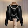 Spring and Autumn Pearl Round Neck Satin Women Shirt Loose Casual Long Sleeve Office Blouse Female Top O Neck Solid Color Simple Clothing