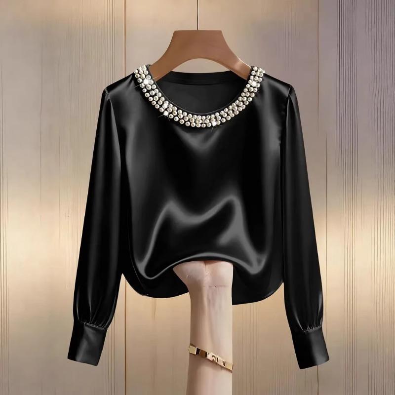 Spring and Autumn Pearl Round Neck Satin Women Shirt Loose Casual Long Sleeve Office Blouse Female Top O Neck Solid Color Simple Clothing