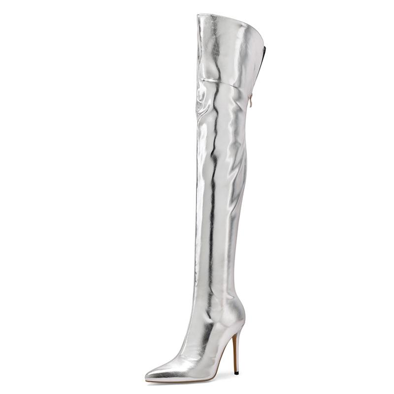 

2025 Bright Patent Leather Material Ultra Thin Pointed Sexy Over The Knee Boots Breathable Inner Lining Zipper Sewing Long Boots 39 срібний