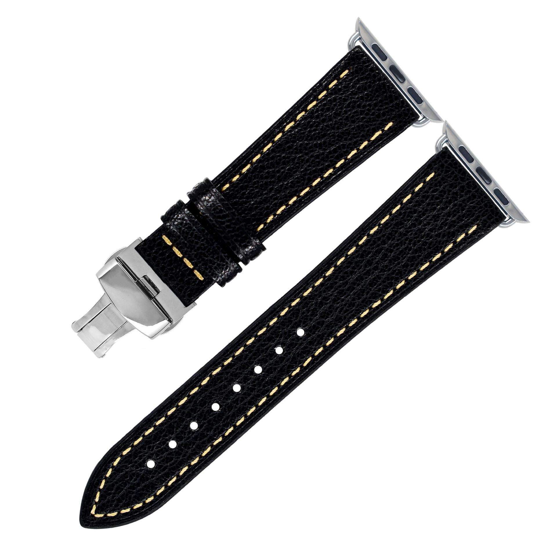Suitable For Apple Strap Iwatch Leather Strap, Stainless Steel Butterfly Buckle Apple Connector Goat Leather Strap