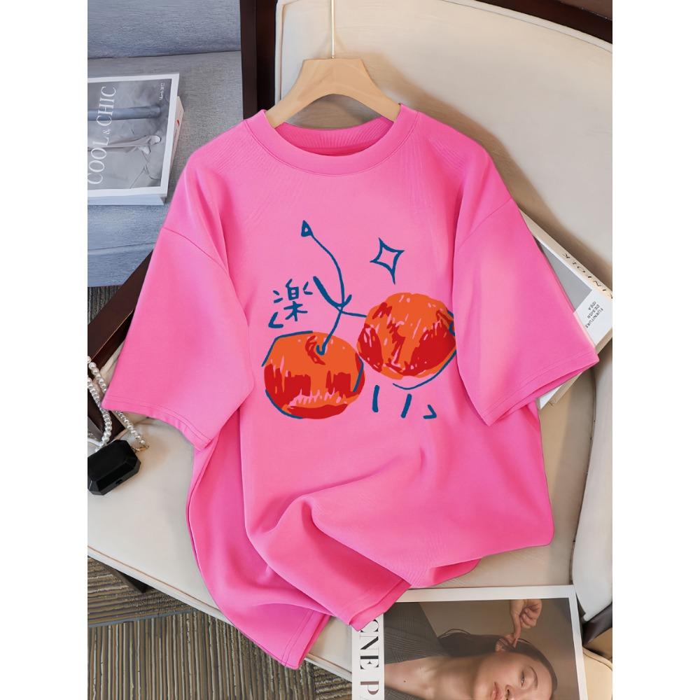 Cherry Pattern Printed Women's T-shirt Casual Sports Round Neck Short Sleeved Breathable Summer T-shirt Street New Clothing