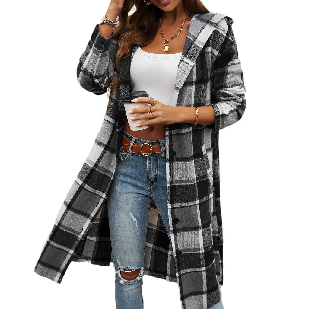 Oversized Plaid Hooded Longline Cardigan Coat In Black Grey Check, Casual Loose Open Front Sweater with Pockets