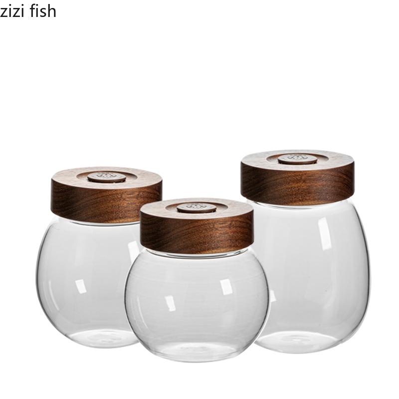 Unidirectional Exhaust Coffee Bean Can Glass Storage Jar Wooden Cover Coffee Powder Seal Pot Tea Caddy Storage Bottle Organizer