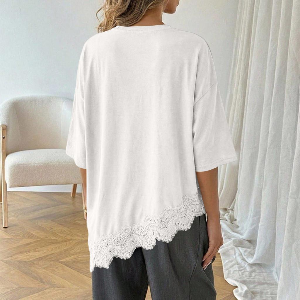 Women Short Sleeve T Shirt Lace Trim Asymmetric Hem Casual Loose Fit Top Blouse Lightweight Breathable Soft Fabric