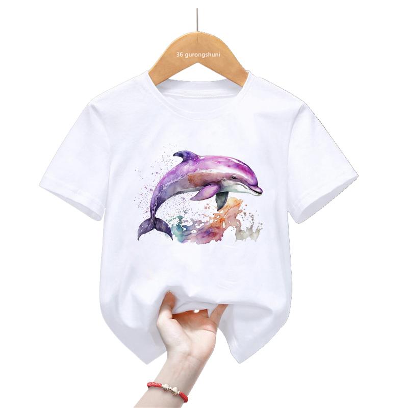 Watercolor Dolphin Love Printed Tshirt Girls/Boys Harajuku Kawaii Kids Clothes Summer Fashion Short Sleeve T-Shirt