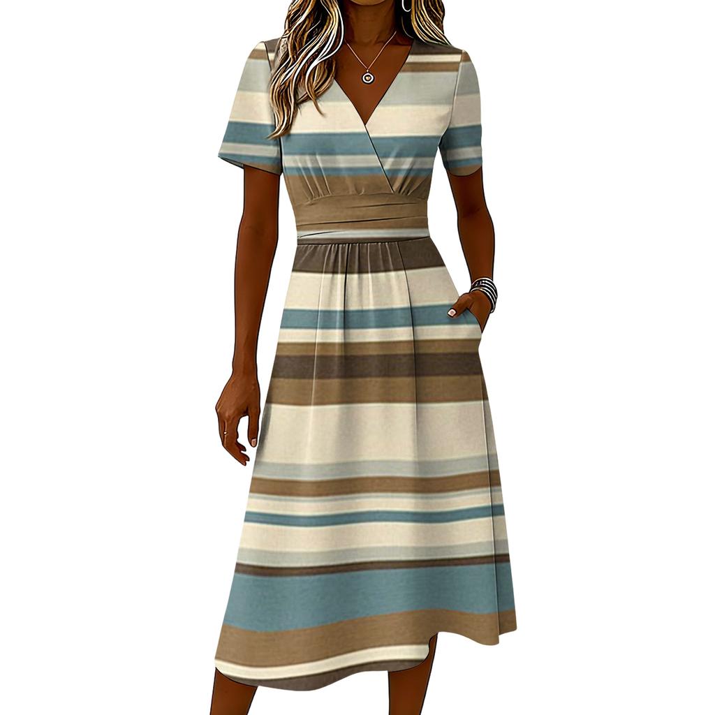 Vestito casual da donna a righe, moda, manica corta, scollo a V