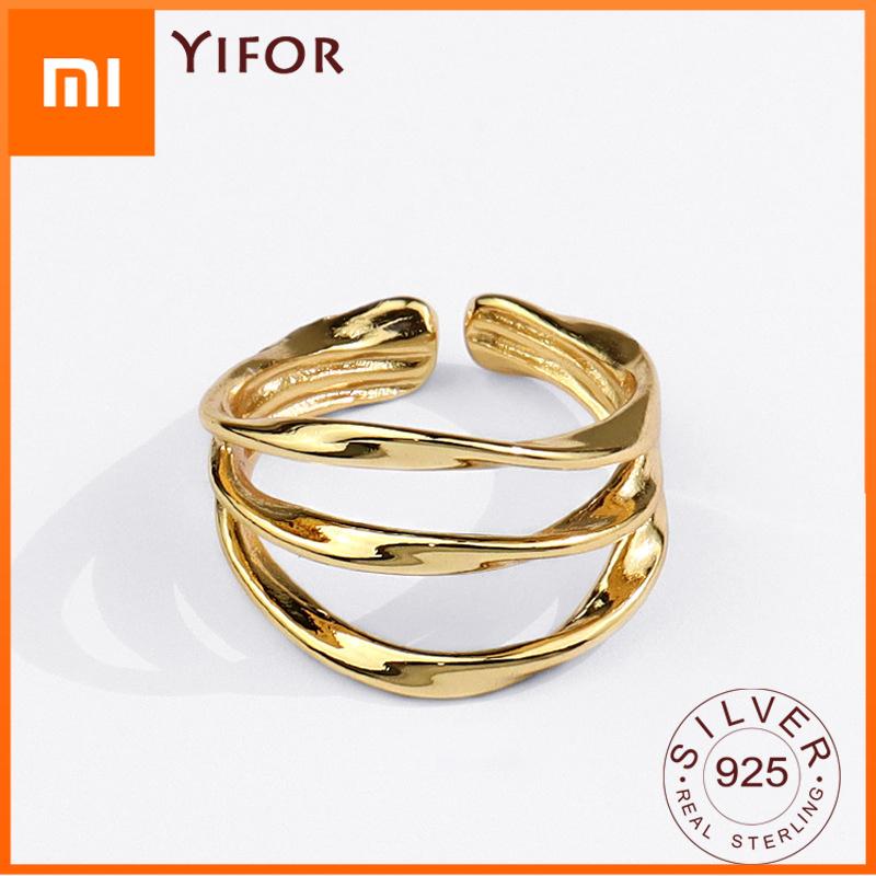 Xiaomi 925 Sterling Silver Rings for Women 3 Lines Gold Color Vintage Wedding Trendy Jewelry Large Adjustable Antique Rings Anillos