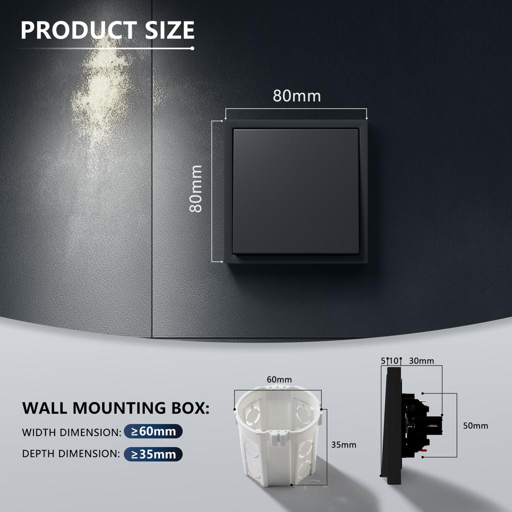 BSEED 1Gang 3Way Mechanical Button Switches Wall Light Switches EU Standard 80mm*80mm Plastic Frame 3Pack 10A