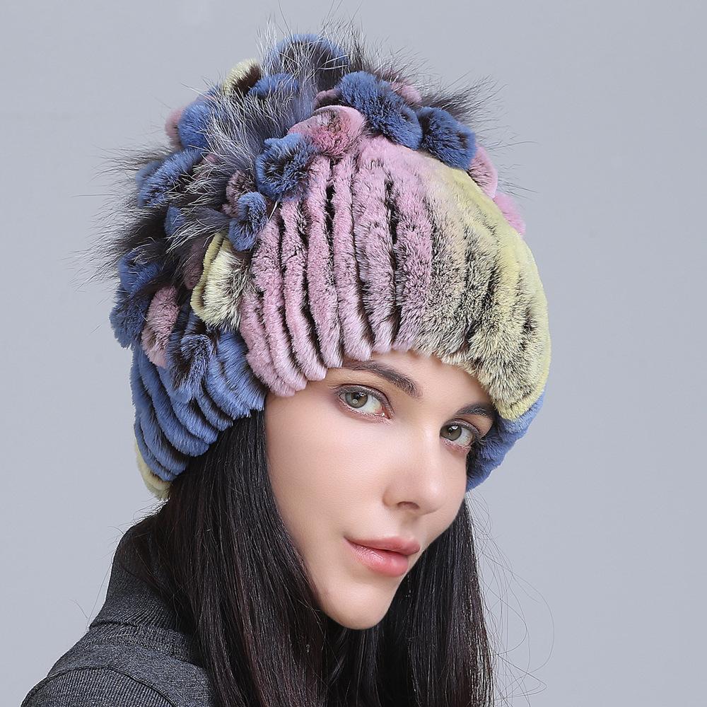 Winter Women's Warm Fashion Thick Wool Hat Rex Rabbit Fur Hat Knitted with Side Flower Hat
