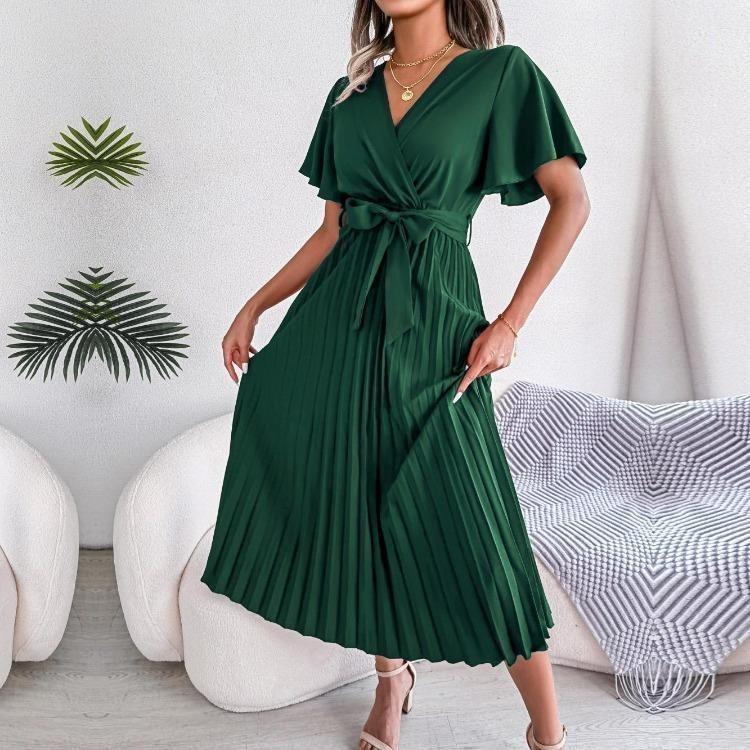 Sommer V-Ausschnitt Kurzarm Maxi Kleid Elegant Damen Einfarbig Plissiert Langes Kleid Frühling Sommer Mode Größen S XL