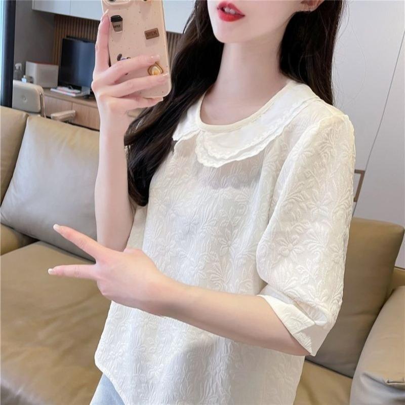 Women's Solid Color Shirt Ladies' Peter Pan Collar Short Sleeved Blouses Summer New Korean Version Versatile Loose Top