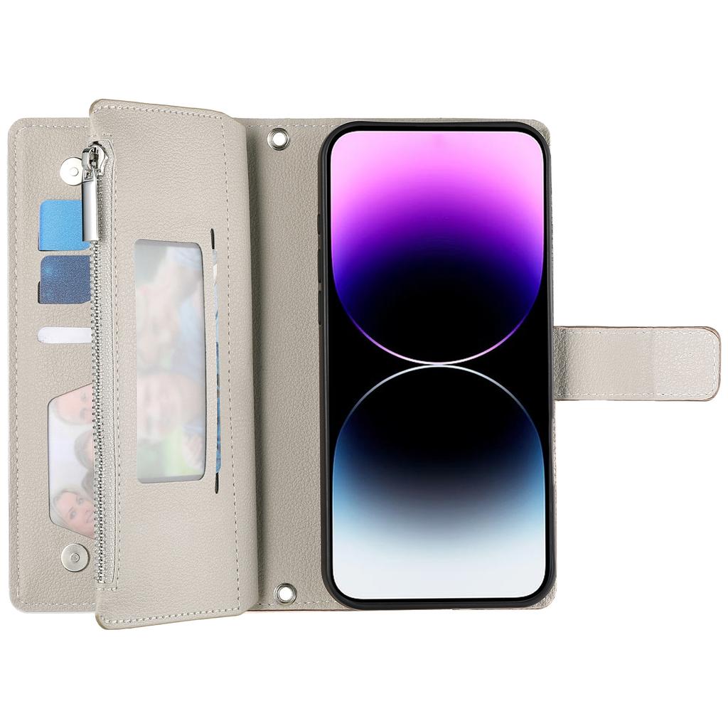 For iPhone 14/13 Case Zipper Pocket Wallet Color Splicing Leather Flip Phone Cover with Straps