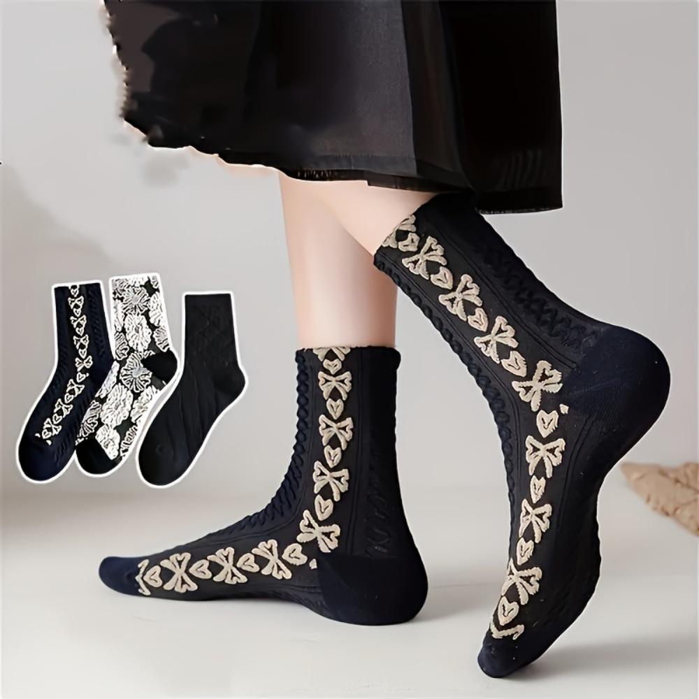Autumn and Winter 3 Pairs Vintage Textured Socks, Comfortable & Breathable Mid Tube Socks, Women's Stockings & Hosiery