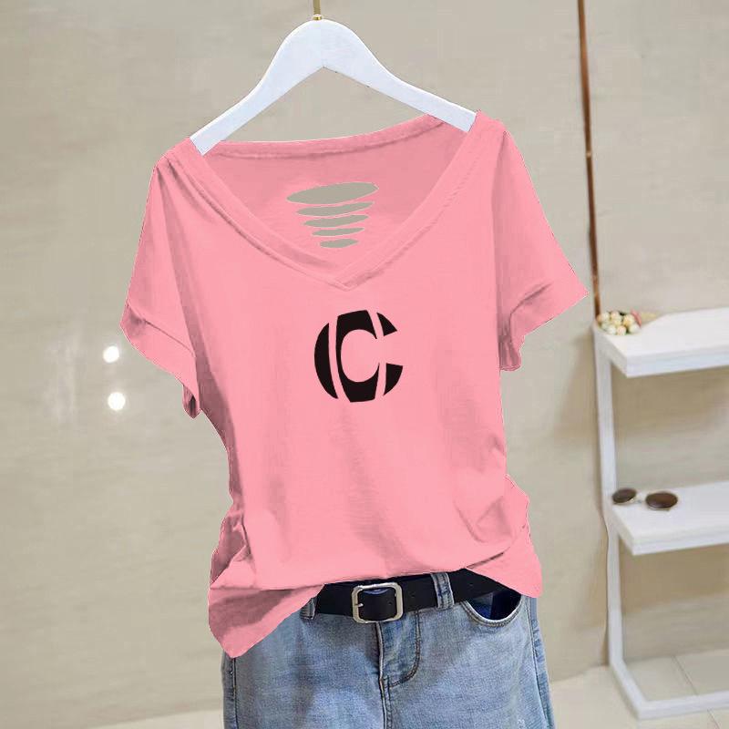 

Женская футболка из 100% чистого хлопка свободного кроя с V-образным вырезом и короткими рукавами - новый стиль 2025, летний повседневный топ M [70-90 catty]