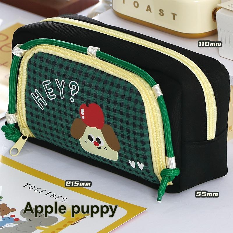 Cartoon Puppy Large Capacity Retro Lattice Window Pencil Bag For Men And Women Universal Cute High Value Dirty Resistant Statio