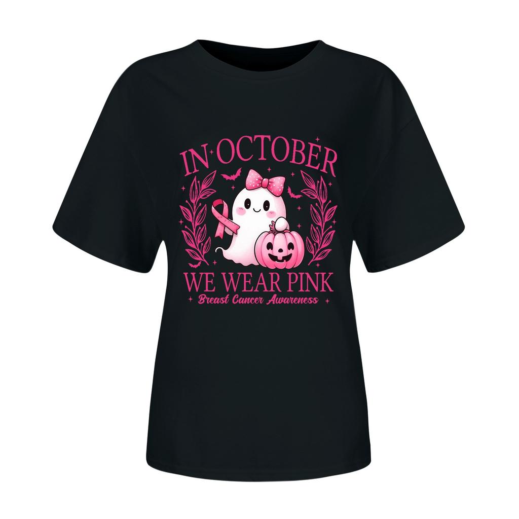 Women's Casual Halloween Breast Print T-Shirt Round Neck Pullover Short Sleeve Top