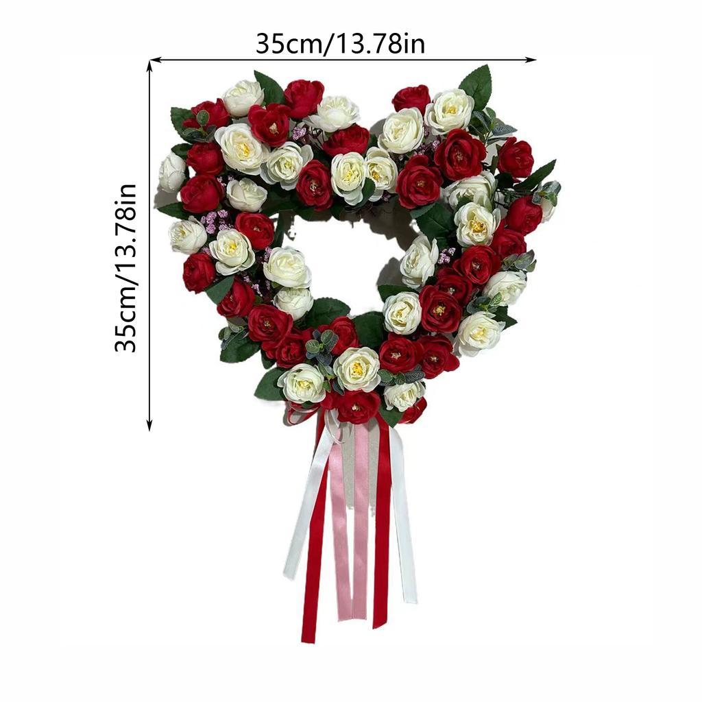 Romantic 35cm Heart Shaped Wreath Wedding Artificial Rose Door Hanger Valentine Pink White Double Ribbon Wall Decor