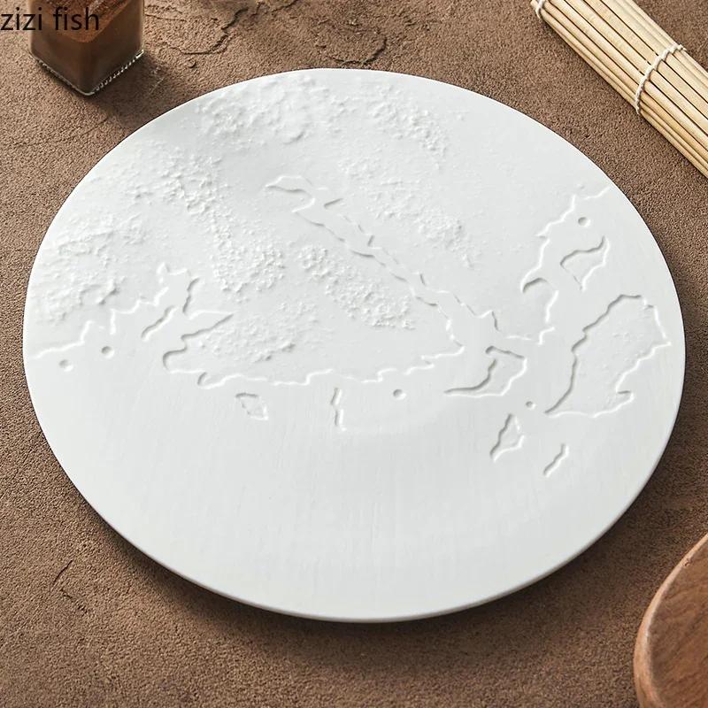 Rock Texture Relief Ceramic Flat Plate Circular Dessert Plate Steak Plate Serving Plates Molecular Cuisine Creative Tableware