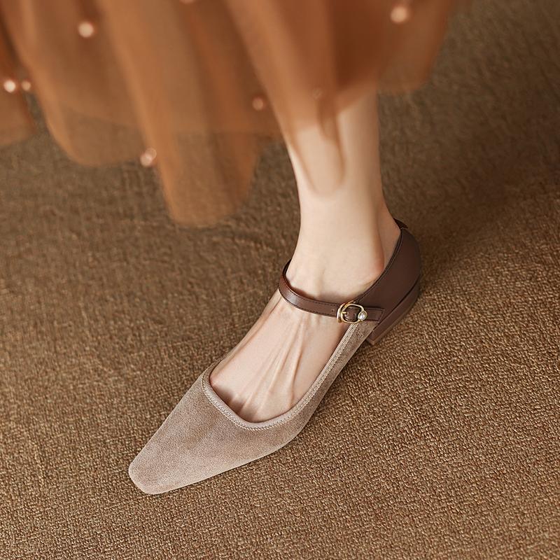 New Spring Women Shoes Genuine Leather Shoes For Women Square Toe Chunky Heel Shoes Solid Shoes Shallow Flats Mary Janes