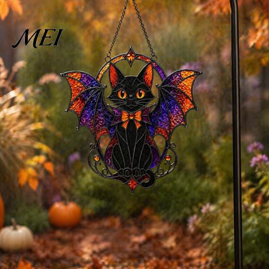 Lightweight Hanging Ornament Halloween Bat Cat Suncatcher, Stained Glass Style Acrylic Sun Catcher, Gothic Festival Atmosphere Display Black for Home