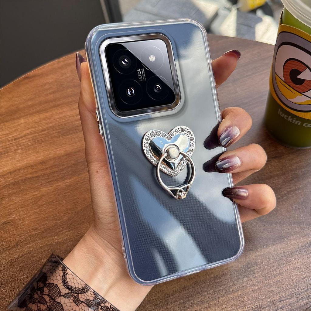 Luxury Bling Rhinestone Heart Ring Bracket Clear Phone Case for Xiaomi 14 Pro Stand Cover