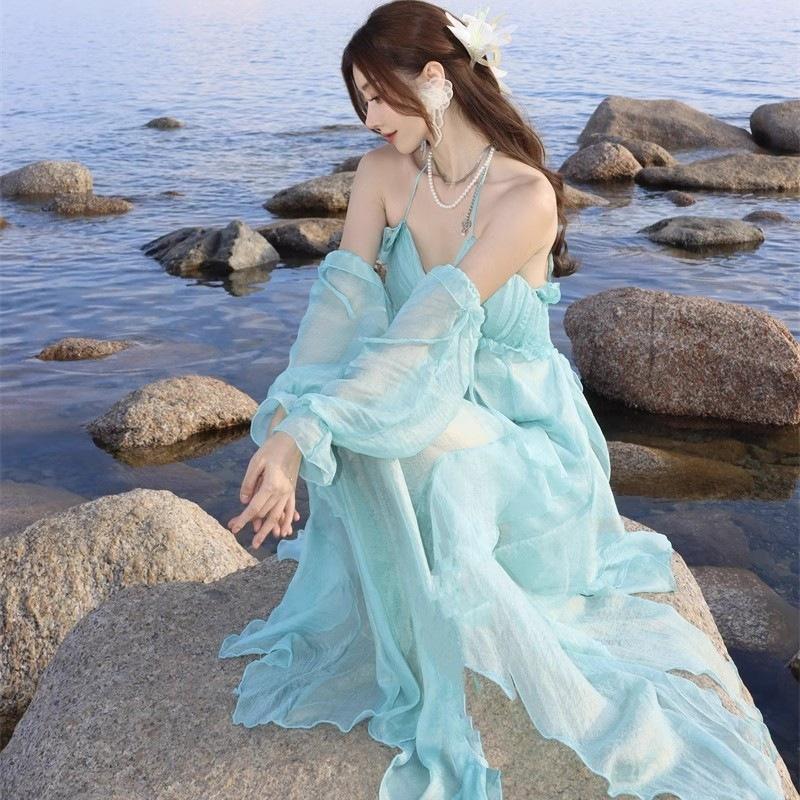 French Beautiful Blue-green Holiday Style Neck Sling Dress Seaside Photo Fairy Beach Halter Dress 2026