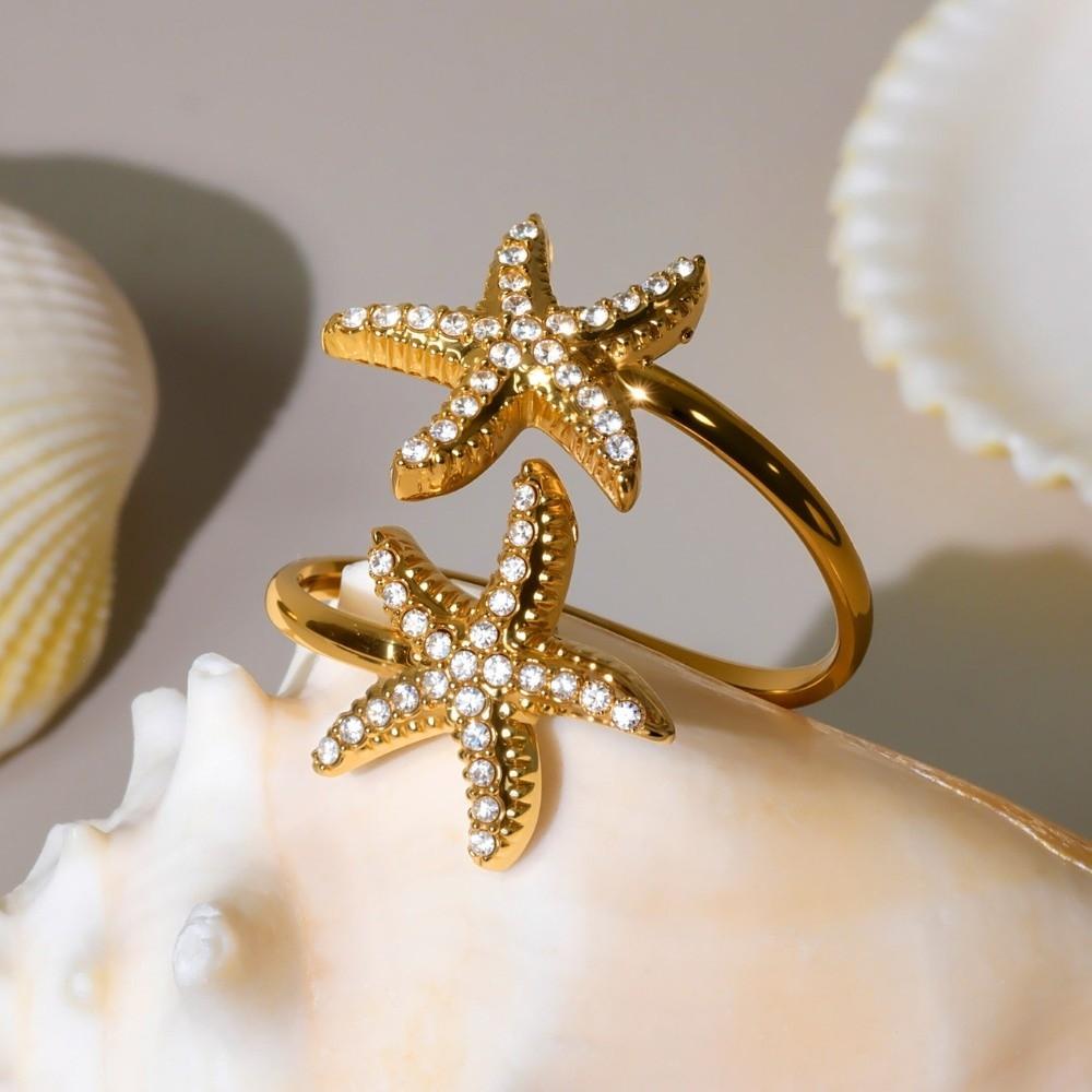 Exquisite Fish Tail Starfish Shell Finger Ring Jewelry Ocean Style Ring Cubic Zirconia Ring  Summer