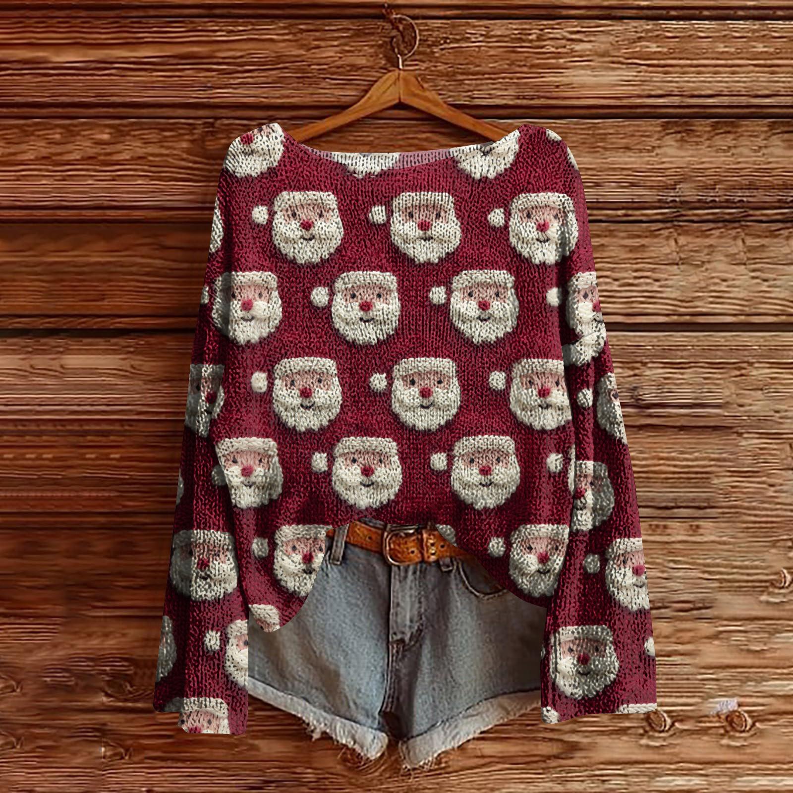 

Женский легкий свитер с рождественским принтом, повседневный вязаный пуловер с длинным рукавом M