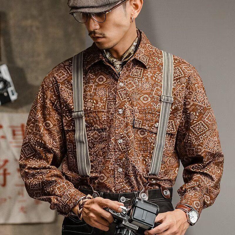 

Work Shirt Men Long Sleeve Loose Ethnic Style Vintage Fashion Casual Shirt L коричневий