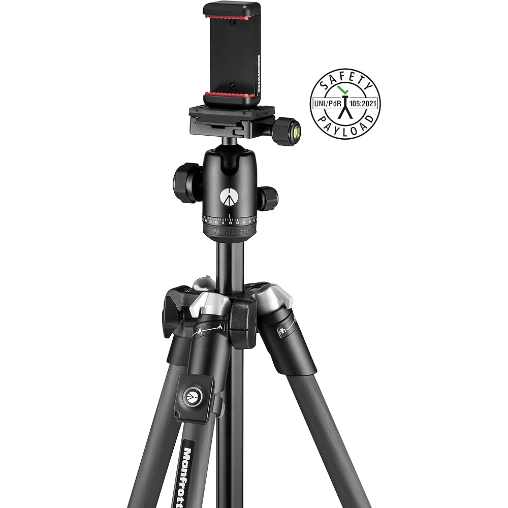 Manfrotto Element MII Carbon Fiber 4-Section MBT Kit with Remote Control, Carrying Bag, Smartphone Adapter, UNI/PdR 105:2021 Load Capacity 8 kg, Ball