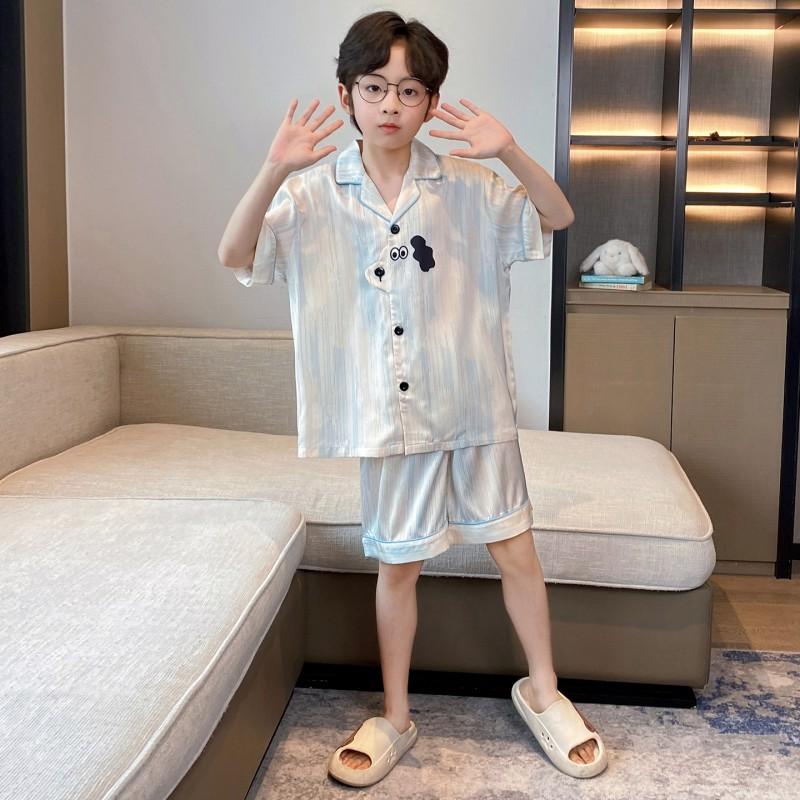 Boys Lightweight Ice Silk Pajama Set Short Sleeve Sleepwear Kids 3-8 Years Cartoon Print Two-Piece Home Wear