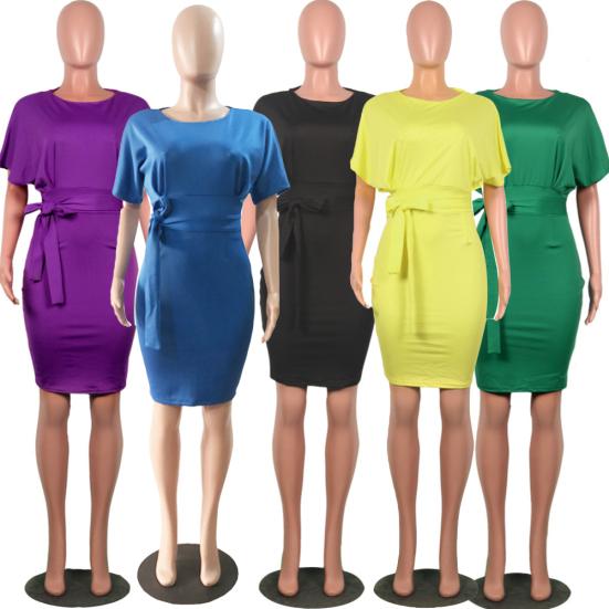 Damen Einfarbig Kurzarm O-Ausschnitt Gürtel Cocktail Bodycon Knielanges Kleid