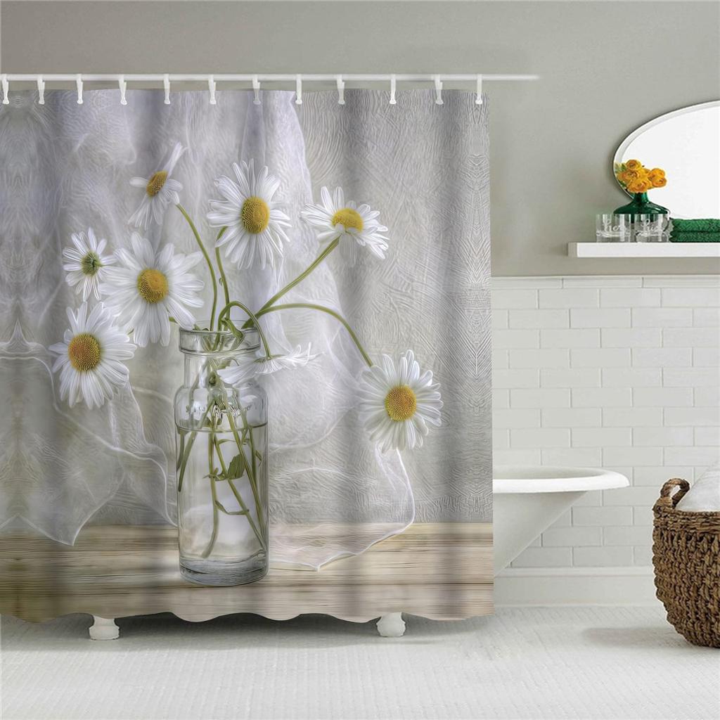 Floral Daisy Shower Curtain For Bathroom Bathtub Waterproof Plant Aesthetic Bathroom Curtain With Hooks Botanical Bath Curtain