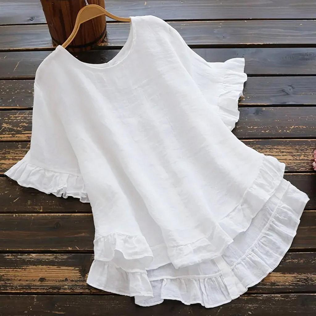 2026 Women's Cotton Linen Solid Color Ruffle Cuff Short Sleeve Button-Up Shirt