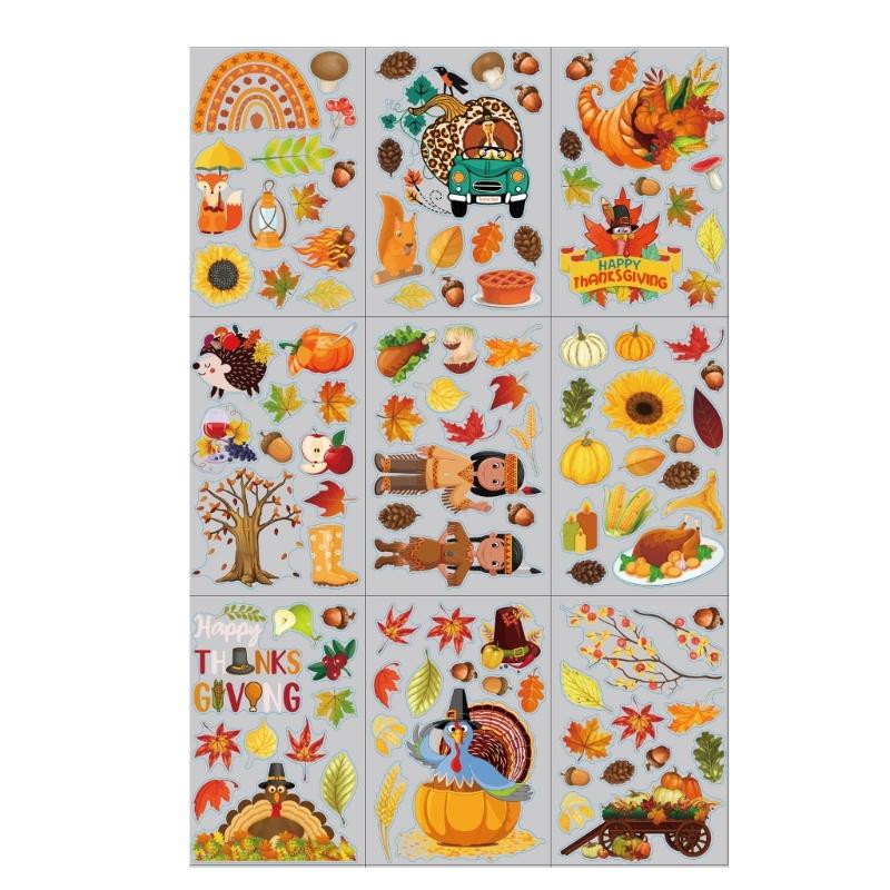 9 Sheets Thanksgiving Day Adhesive Electrostatic Stickers Decorations Decal Maple Leaf Larch Fruits Party Supplies